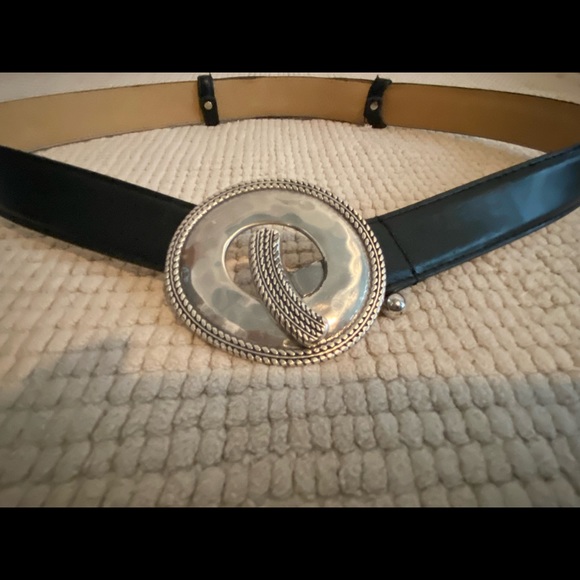 Adjustable Black Leather Belt w/Silver Buckle - Picture 2 of 3